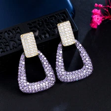 Multi-Tone Gold Plated Pave Setting CZ Bridal Long Rectangle Drop Dangle Earring