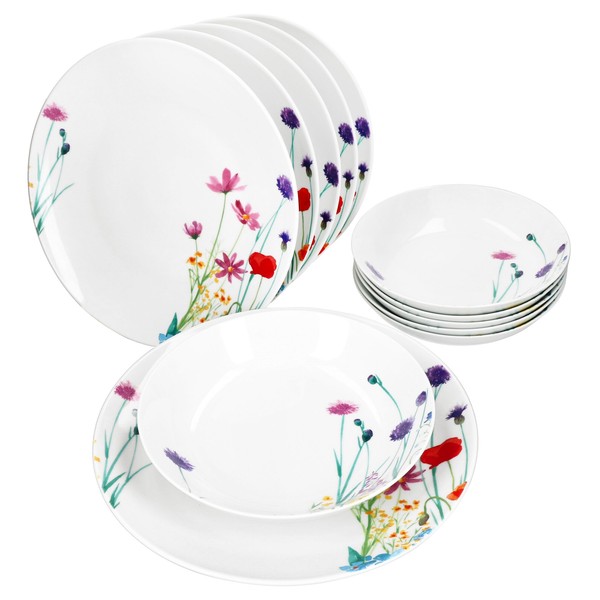 12Tlg Tafelservice Marie Porzellan 6 Personen Speiseteller Suppenteller Blumen-image