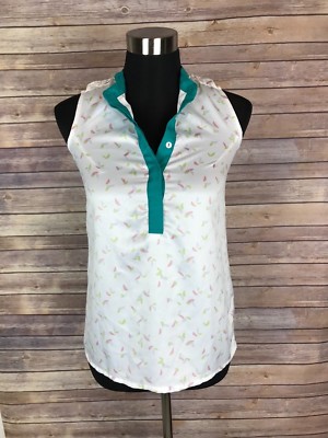 Women's For Me Button Front Sleeveless Silky Blouse Shirt w/ Teal Trim, Size XS