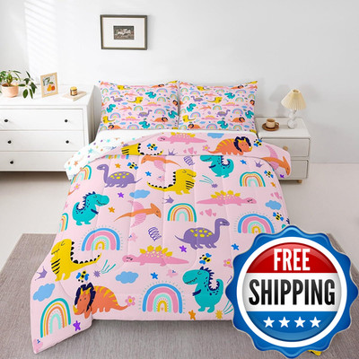 Feelyou Girls Pink Dinosaur Toddler Bedding Sets Twin Size Purple Green