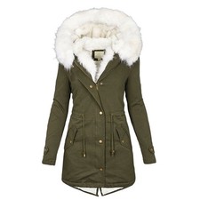 Women's Winter Parka Jacket Faux Fur Trim Hood Padded Warm Coat Mid Length