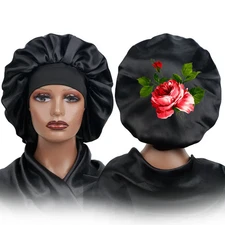 Satin Sleeping Cap for Women, Wide Elastic Band Bonnet with Beautiful Flower Pri