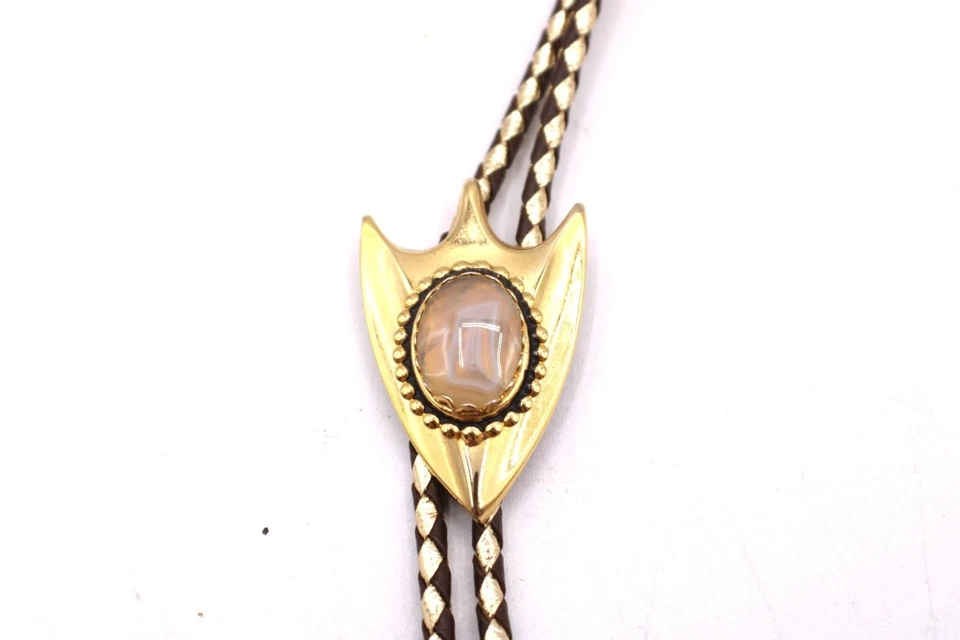Corbata de cuero trenzado bolo piedra ágata forma punta de flecha de colección tono dorado suroeste Foto 2 de 4