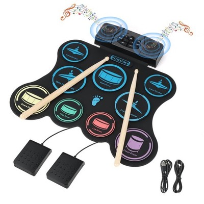 Electric Drum Set, 9 Pads Kids Drum Set, Roll-up Practice Drum Pad with Headphon