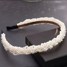 New boutique handmade braided faux pearl wide metal headband flexible