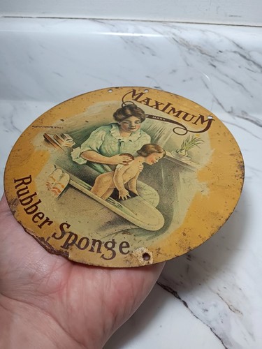 RARE 1900s MAXIMUM Rubber Sponges Original Victorian Advertising Metal Sign 6.5" - Picture 5 of 10