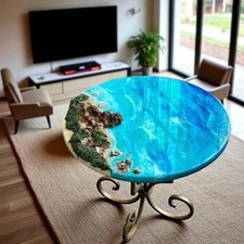 18" Epoxy Ocean Wave Coffee Table Coastal Inspired Tabletop For Home Decor
