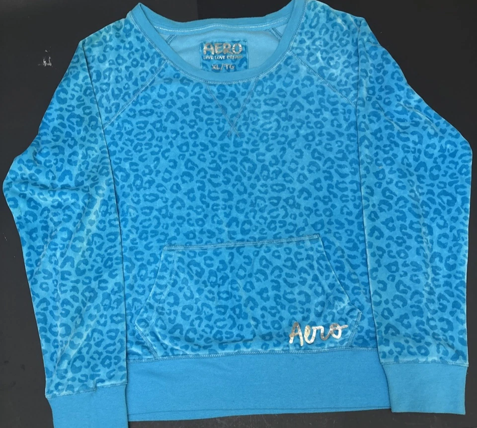 Aero 女式 XL 动物印花蓝绿色羊毛运动衫套衫猎豹圆领 — 第 2/4 张图片