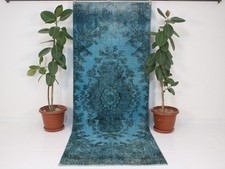 Vintage Overdyed Teal Blue Runner Rug Distressed Turkish Wool 3.5x8.8 ft
