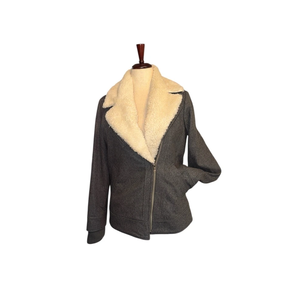 Express | Abrigo Moto Mezcla Lana Gris | Cuello Sherpa Extraíble | Talla M Foto 2 de 4