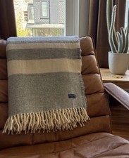 New Faribault Woolen Mill 100 Wool Gray/Cream Stripe Fringed Throw