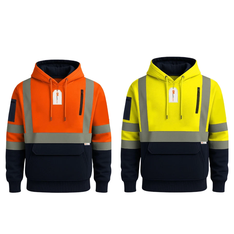 GM WORKWEAR Hi Vis Viz Hoodie Men Pullover Zipped Pocket High Visibility Hoody Workwear