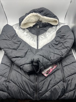 Reebok Glacier Shield Woman s Size Large Black Retro Puffer Jacket Sherpa Hood