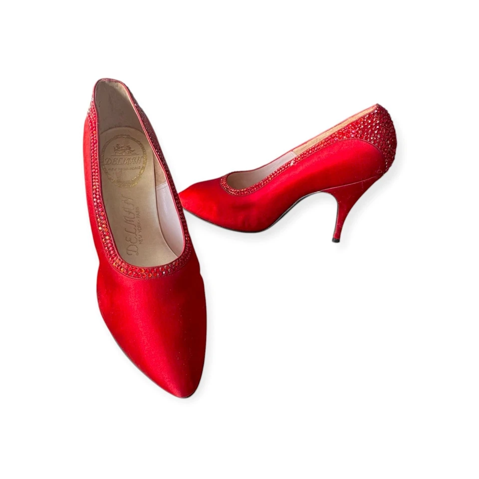 Zapatos de salón de cóctel vintage Delman rojo satinado estrás años 50 talla 6B Foto 3 de 4