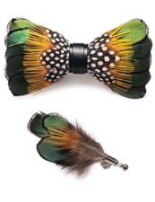 Handmade Feather Pre-tied Bow tie and Brooch Sets for Men green/yellow/white 