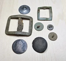 Colonial Artifacts Lot Halfpenny KG Coin Shoe Knee Buckles Buttons Tombac Brass