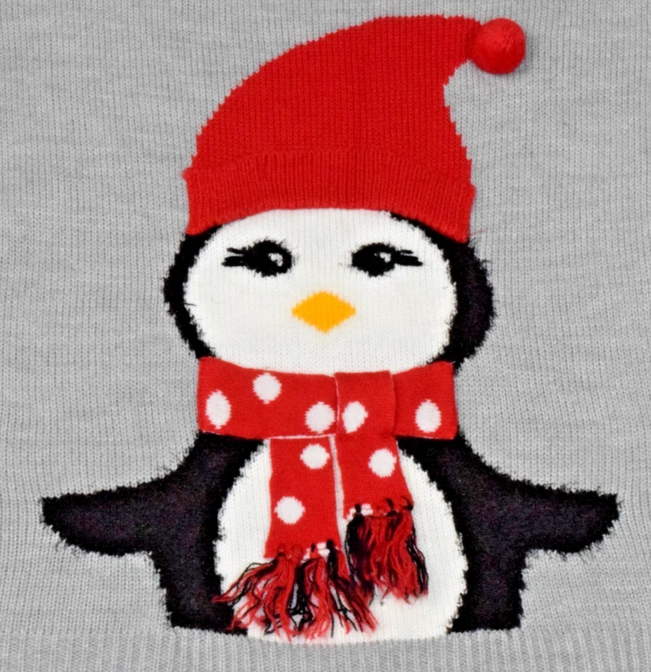 Niñas Suéter Sin Límites Talla M 7-8 Pingüino En Sombrero Bufanda Gris Espalda Rayas Foto 2 de 4