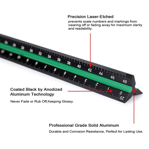 3 Pack 12 Inch Solid Aluminum Triangular Architect Scale Ruler Set 3-Colors-G... - Picture 6 of 7