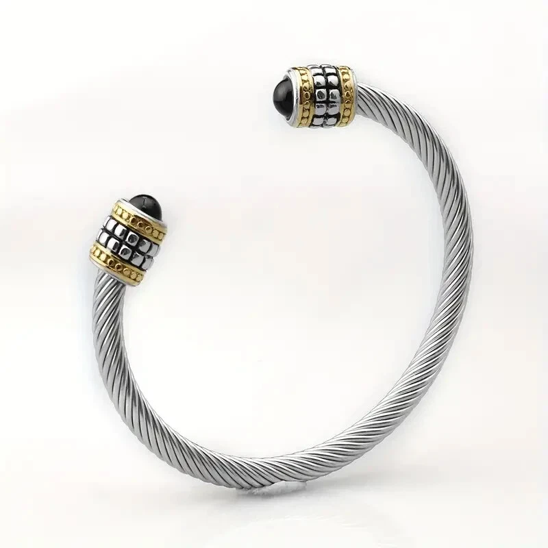 Nuevo brazalete de circón de acero inoxidable bicolor de ónix negro para mujer - Envío gratuito Foto 4 de 4