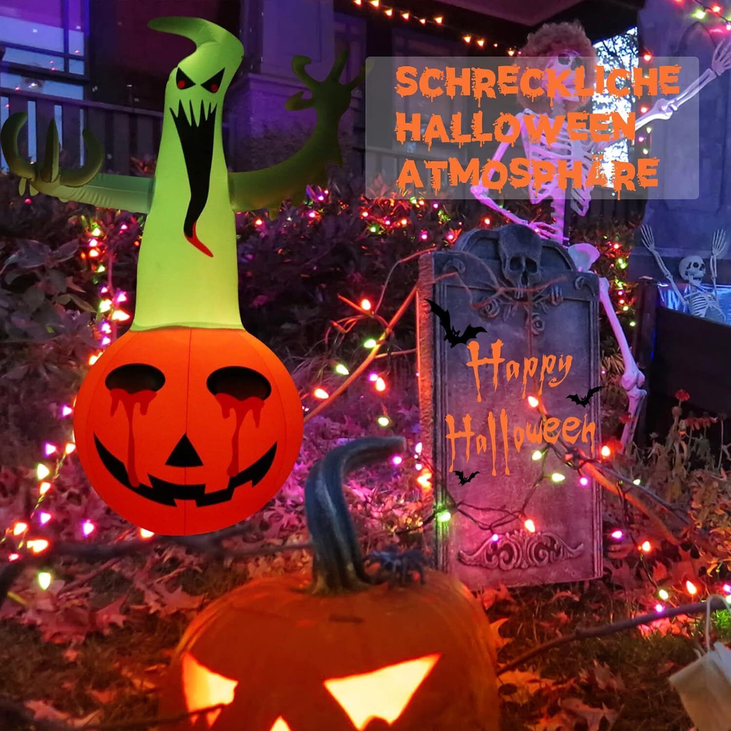 120cm Halloween Aufblasbar Kürbis mit Geist,Horror Dekoration mit LED-Licht