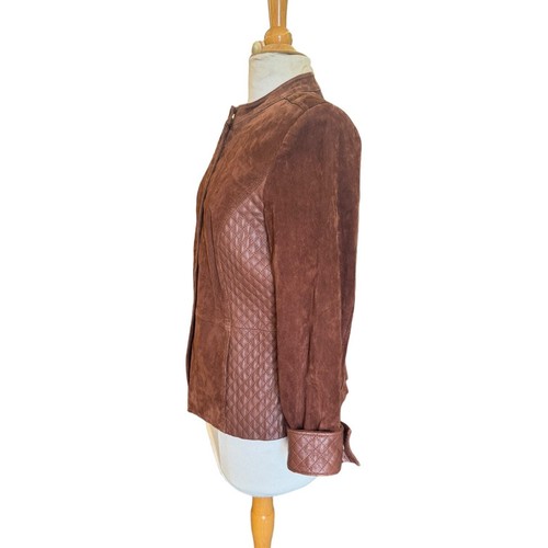 Rexy Moto Jacket Brown Quilted Leather and Suede Zip Up Jacket by Isaac Mizrahi - Picture 6 of 10