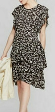 WOMENS PLUS SIZE LAYERED BLACK/BEIGE MEADOW FLORAL ROUND NECK RUFFLE DRESS