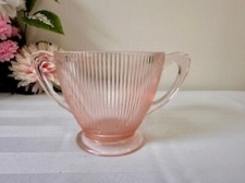 Jeanette Homespun Pink Depression Glass Sugar Bowl Ribbed Art Deco Two-Handled