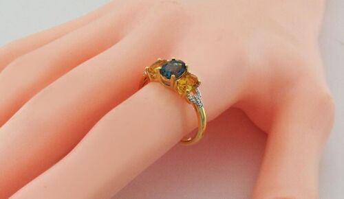 GENUINE 0.83 Cts BLUE ZIRCON, YELLOW TOPAZ & DIAMONDS RING 10K GOLD - NWT - Picture 3 of 6