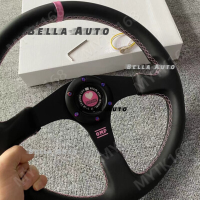 320mm Leather Flat Racing Steering Wheel Omp PInk Stitch Fit for