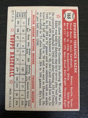Eddie KAZAK 1952 Topps Baseball #165 VG Corner Wear St. Louis