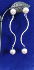 Sterling Silver 925 Long Modern Pair of Dangle/Drop Earrings W/Flat Back Balls