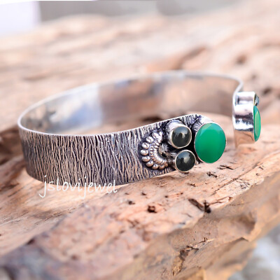 Green Onyx & Black Onyx Gemstone 925 Sterling Silver Cuff Bangle Beautiful Gift