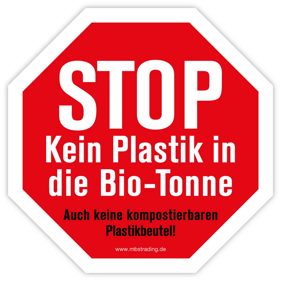 MBS-SIGNS® Aufkleber „STOP Kein Plastik in die Bio-Tonne“ Recycling Oktagon, rot | 5-30 cm