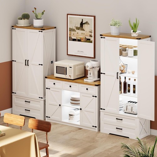 Farmhouse Storage Cabinet with Adjustable Shelves Tall Pantry Cabinet with LED - Picture 7 of 7