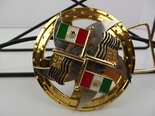New Belt Buckle MEXICO Flag US Flag Black Gold Tone Spinner