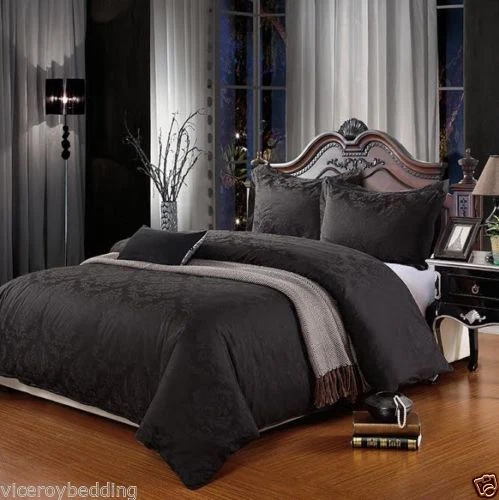 BRITISHBEDDINGCOMPANY 100% Egyptian Cotton 500 Thread Count Damask Jacquard Duvet Cover Bed Set BLACK
