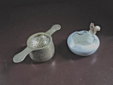 Vtg 2 Piece Silver Tea Bag Holder Strainer  & Miniature Japan Squirrel Ashtray