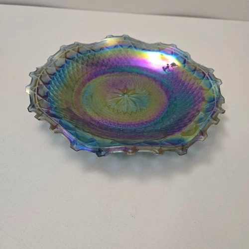 Vintage Iridescent Carnival Glass 10" Indiana Blue Diamond Point Ruffle Bowl