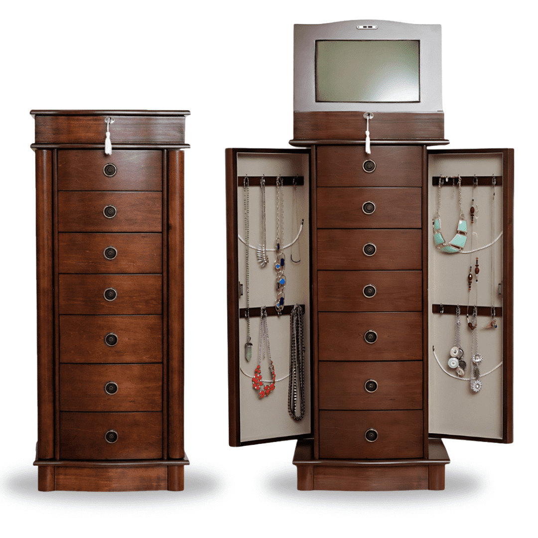 Modern Locking Jewelry Armoire Freestanding Walnut Finish Lo
