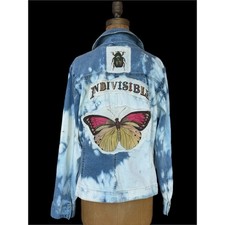 Upcycled Denim Jacket Butterfly Folk Art Jacket Bleached Jean Jacket Large