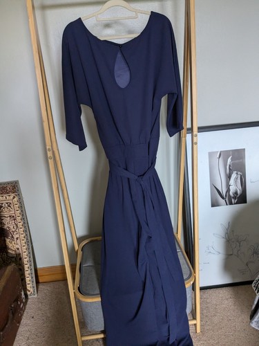 Vintage Navy Long Wide Leg Jumpsuit Dress Elegant Sophisticated Cocktail S - M - Picture 4 of 6