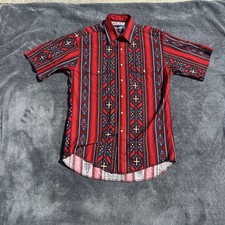 Wrangler Western Pearl Snap Shirt Mens Medium Long Red Aztec Southwestern 90 s