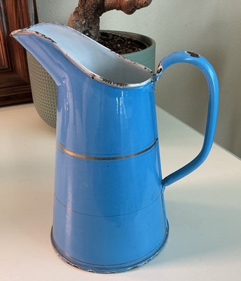 Vintage French Blue Enamel Water Pitcher 1930 s