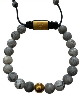 Manssion Men s Manhattan Gray Map Jasper Beaded Adjustable Bracelet 8in