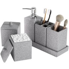 Gray Bathroom Accessories Set Resin 6PCS, Square Toothbrush Holders Set Compl...