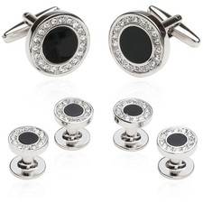 Black Onyx and Crystal Silver Cufflinks and Studs Formal Set with Travel Pres...