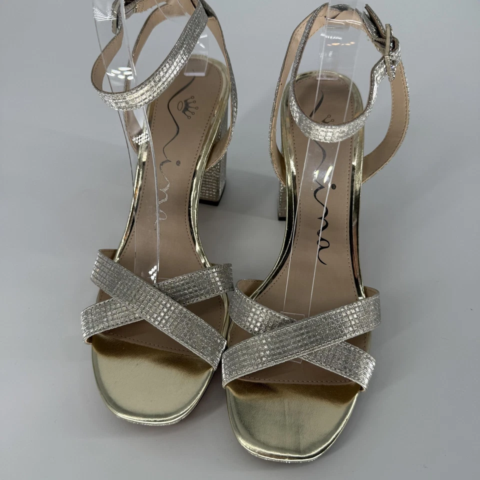 Sandalias Nina Secelia para mujer talla 9,5 M plateadas estrás tacón bloque correa para el tobillo Foto 2 de 4