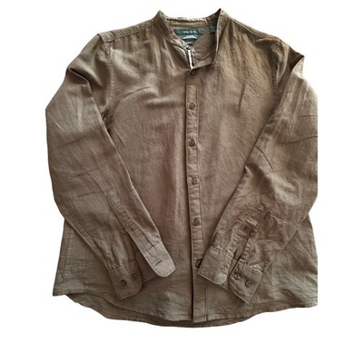 Perry Ellis Womens Olive Green Linen Blend Mandarin Collar Slim Fit Shirt Large