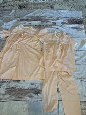 Vtg Womens Pajama Set SCHRANK Sz Small 34 Peach Short Sleeve 3 Piece Robe Usa