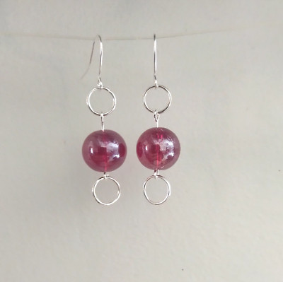Red Glass Bead Dangle Earrings Handmade Silver Tone Hook Hoop Ring Boho Chic Mod